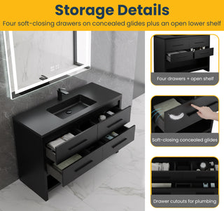 48" Black Rough Oak Freestanding Bathroom Vanity with Black Engineered Quartz Countertop