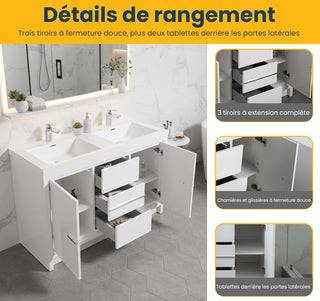 48" Glossy White Freestanding Double Sink Bathroom Vanity with White Polymarble Countertop