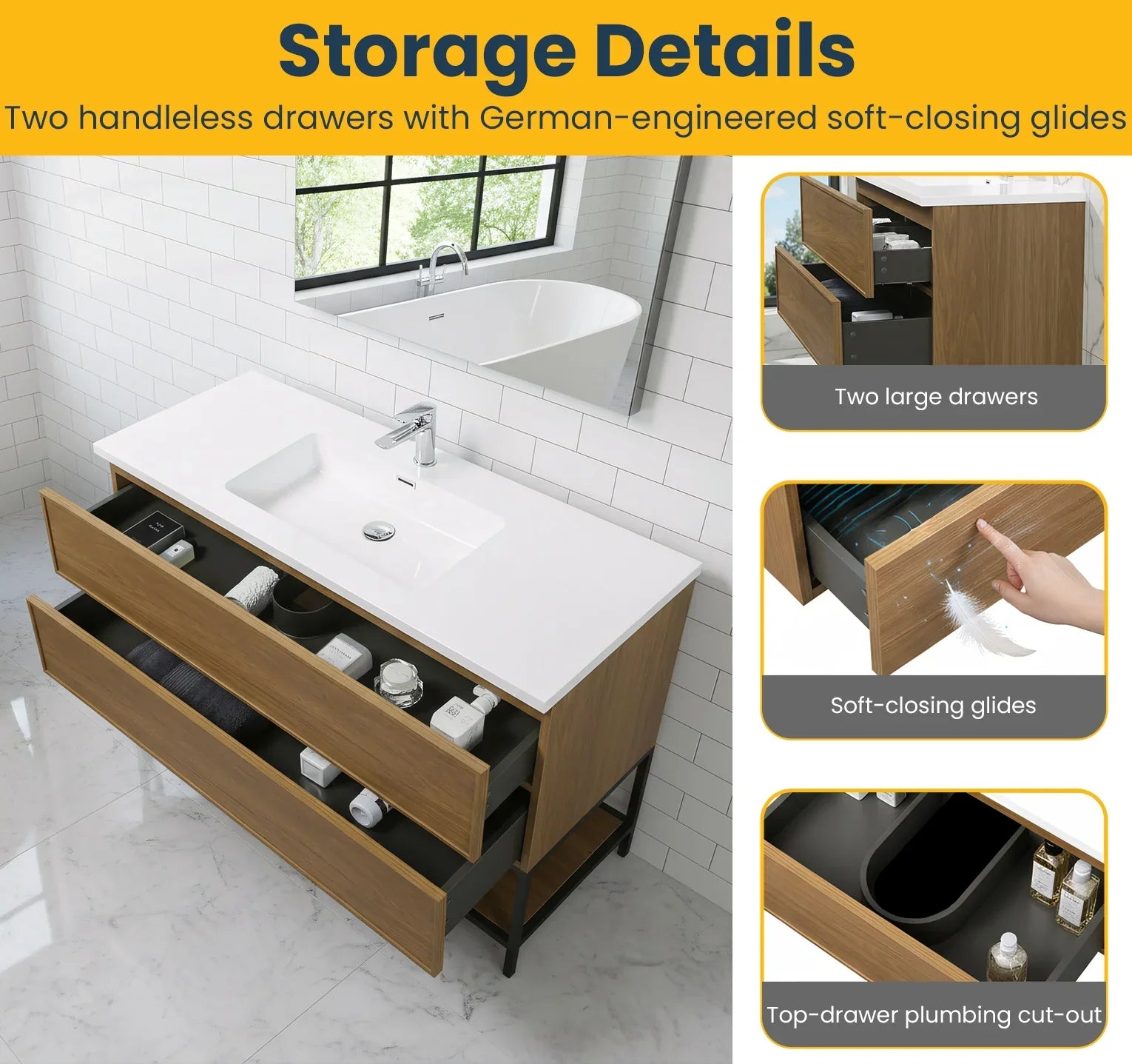 48" Honey Gold Walnut Wall Mount Bathroom Vanity with White Polymarble Countertop