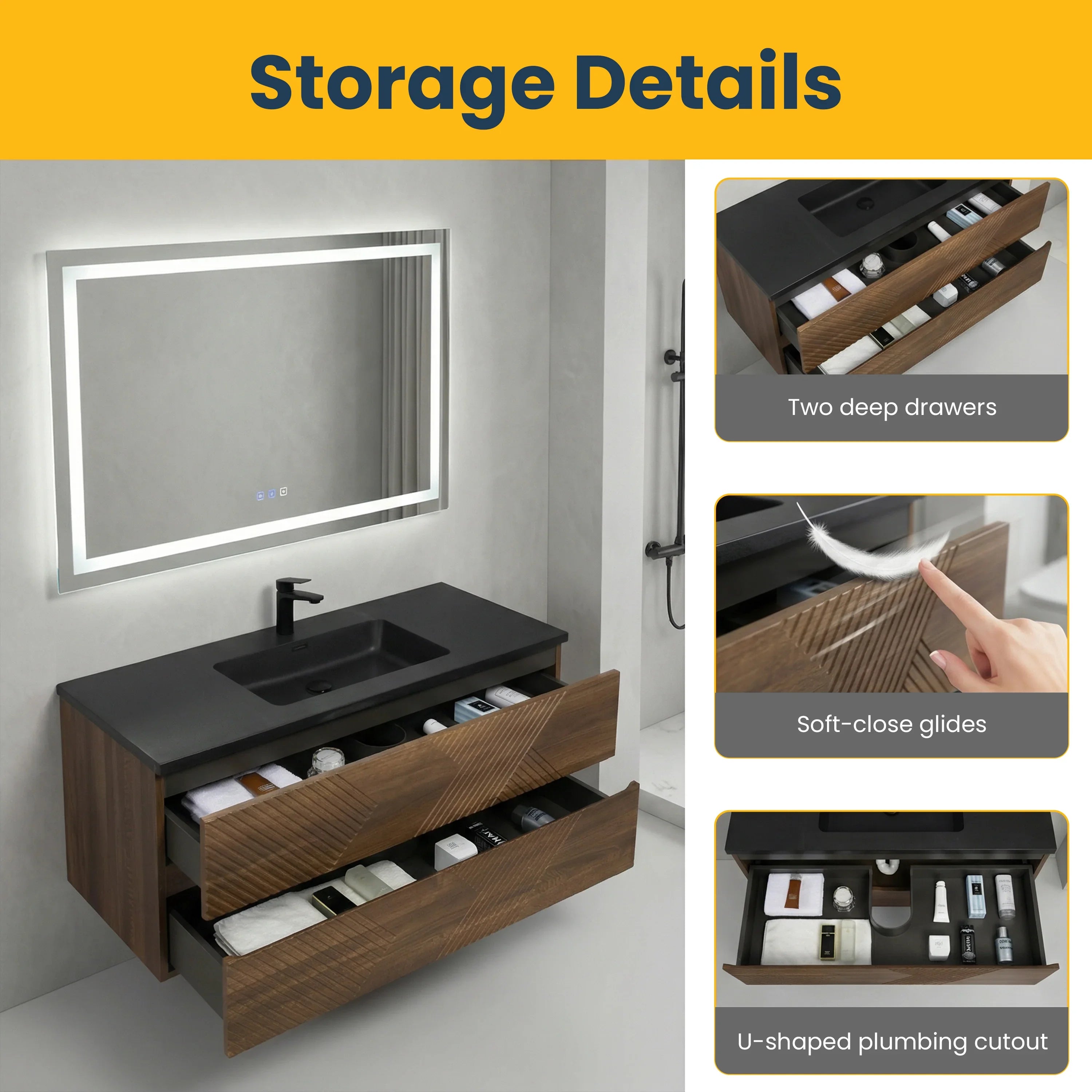 48" Walnut Wall Mount Single Sink Bathroom Vanity with Black Engineered Quartz Countertop