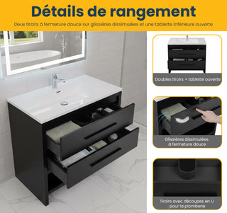 36" Black Rough Oak Freestanding Bathroom Vanity with White Polymarble Countertop