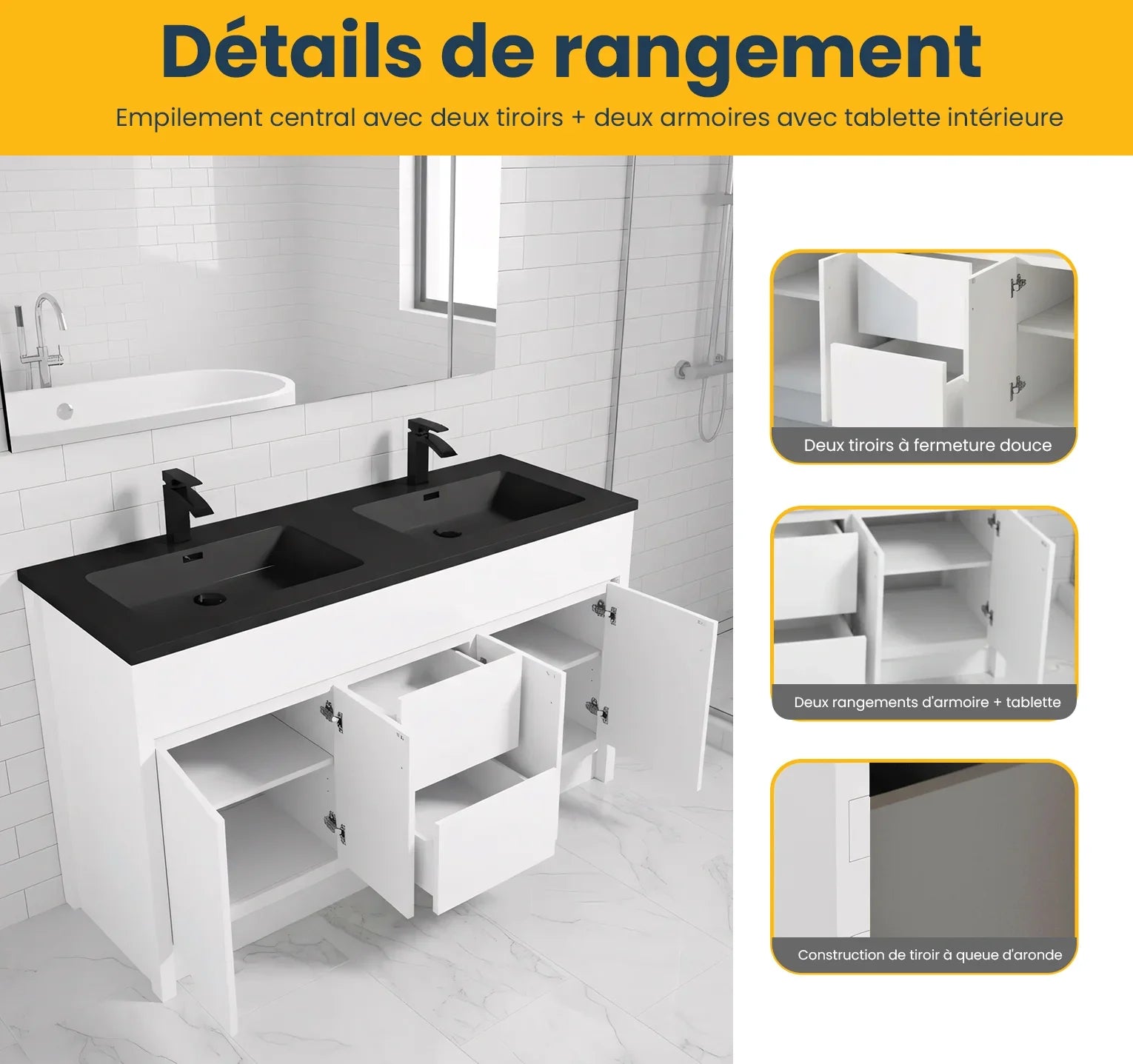 60" Matte White Freestanding Double Sink Bathroom Vanity with Black Engineered Quartz Countertop