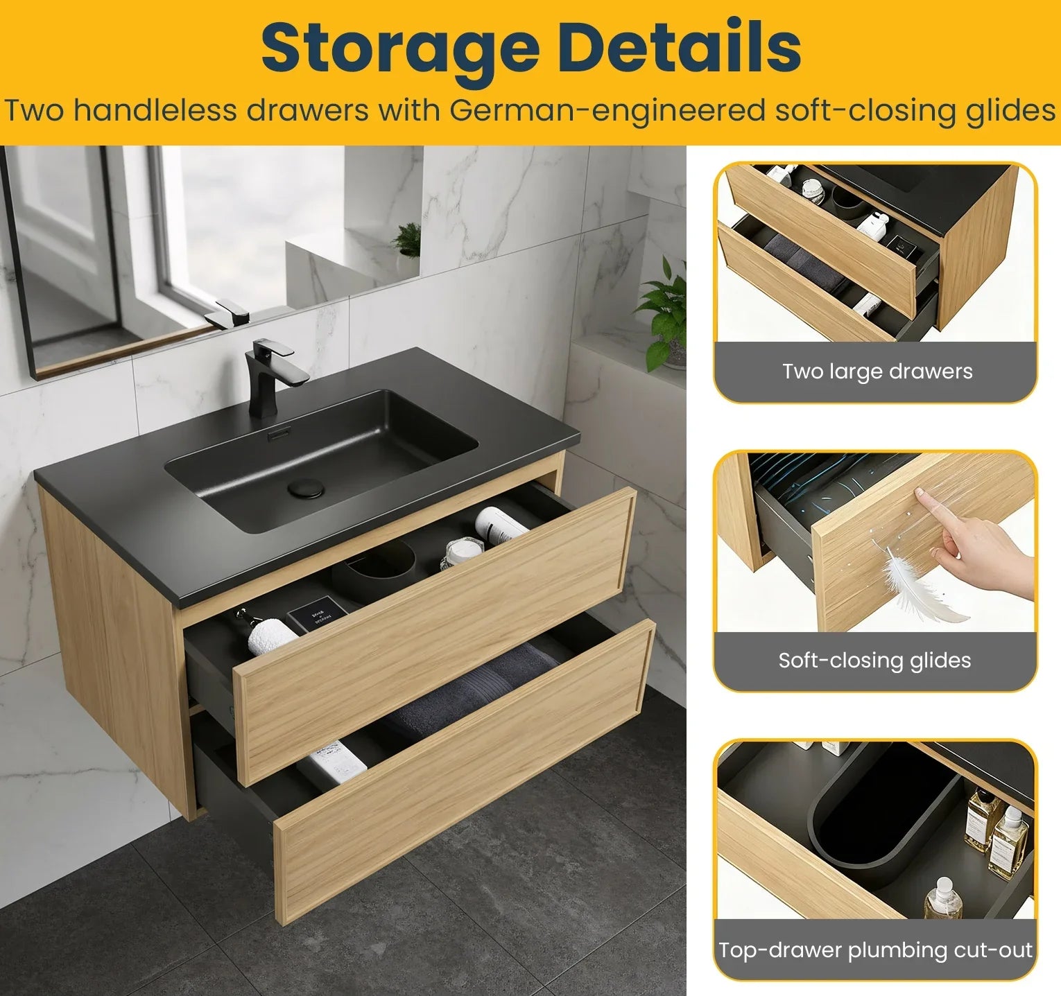 Meuble Lavabo Mural 36 pouces Noyer Couchant avec Comptoir Quartz Noir - Collection Luxe