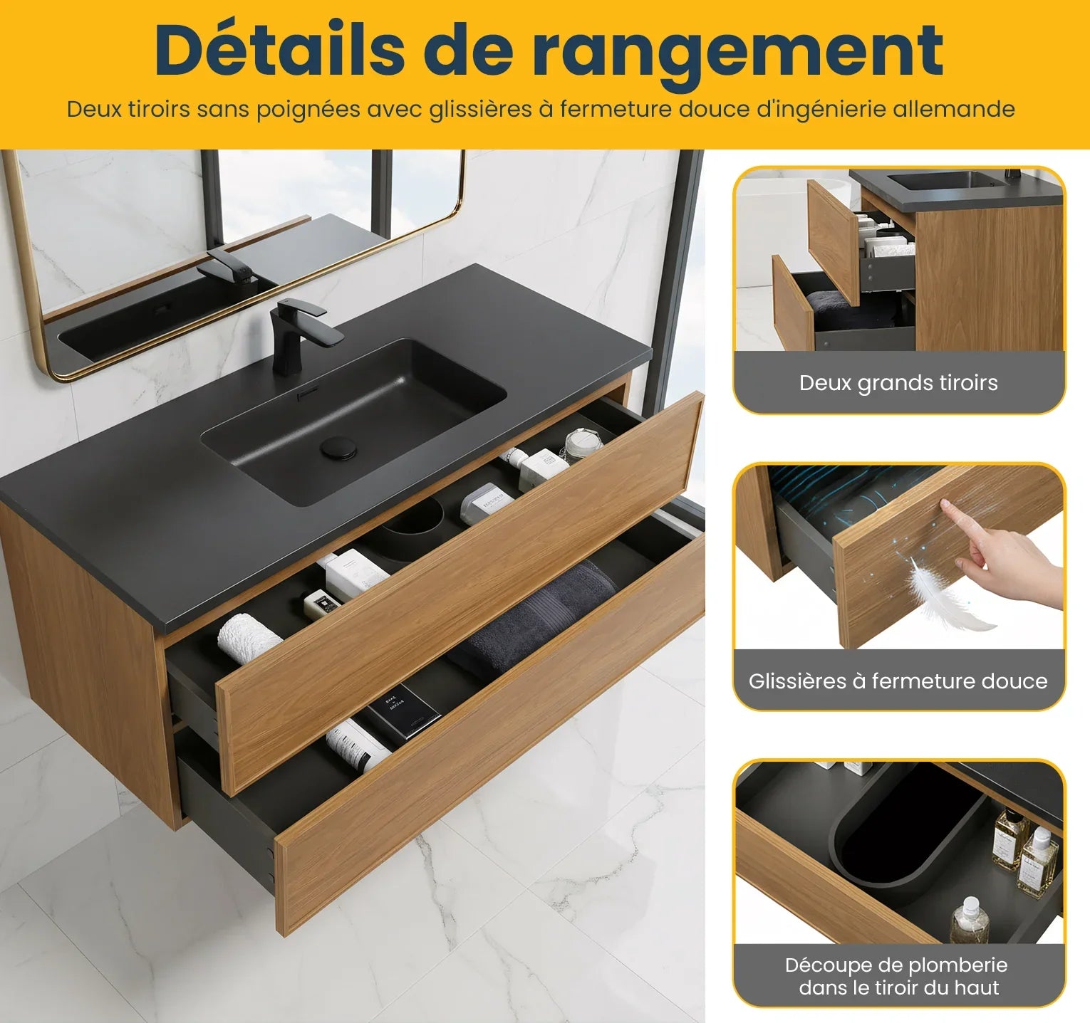 48 Inch Honey Gold Walnut Wall Mounted Bathroom Vanity with Black Engineered Quartz Countertop