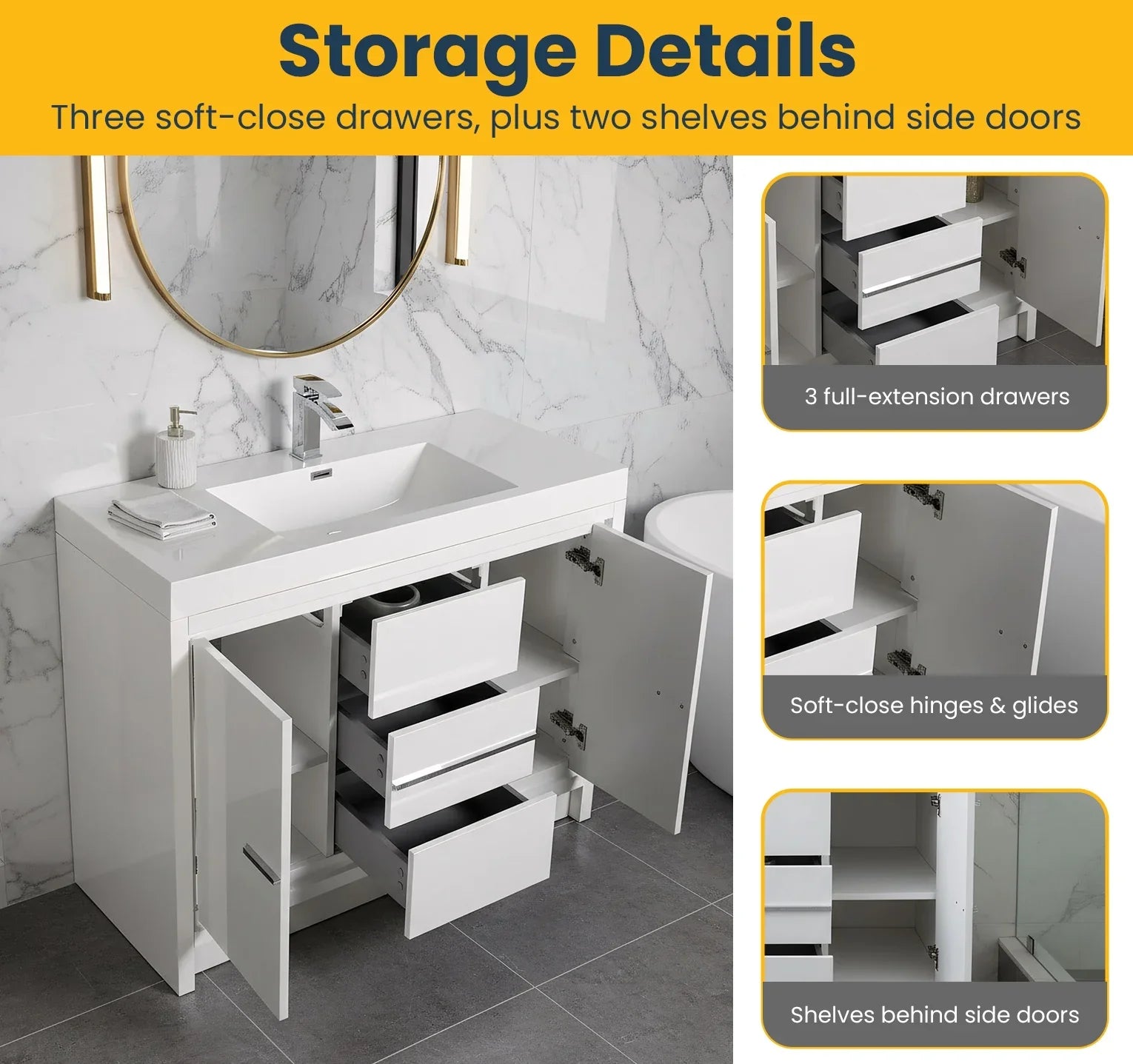 Meuble-Lavabo Autoportant 42po Blanc Brillant avec Comptoir de Polymarbre Blanc 