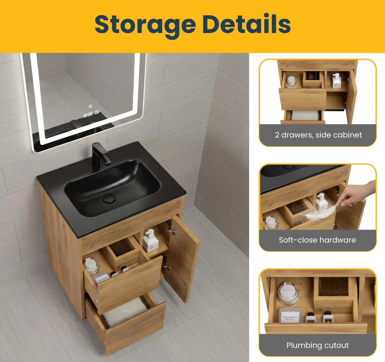 24" Frosted Oak Freestanding Single Sink Bathroom Vanity with Black Ceramic Countetop