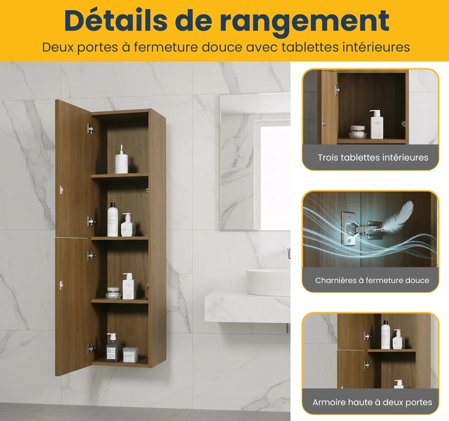 Armoire à Linge Mural de Salle de Bain - Noyer Miel Doré