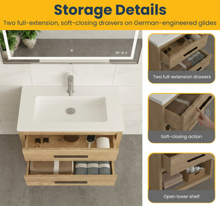 Meuble-lavabo autoportant en chêne brut 36" avec Comptoir en polymarbre blanc