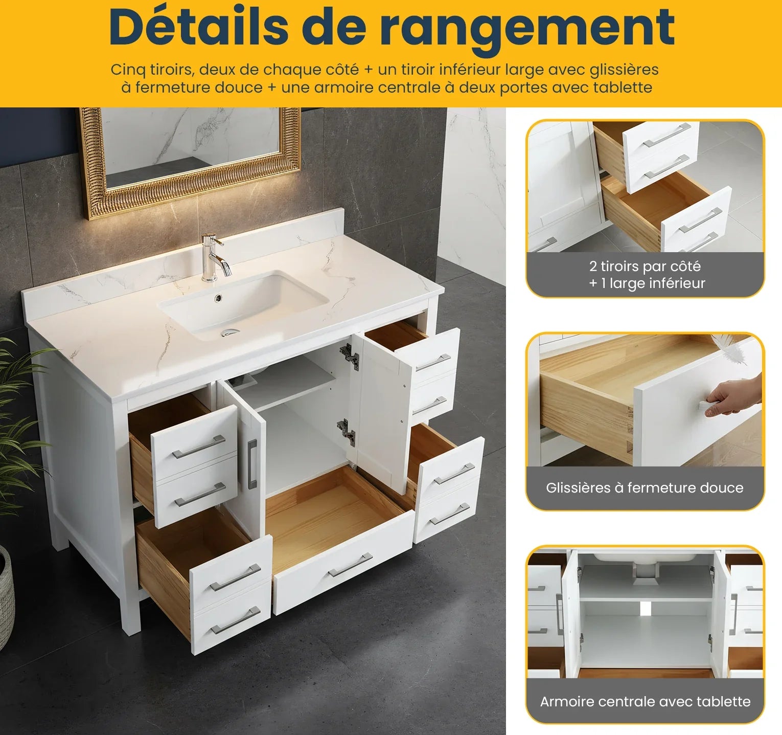 48" White Freestanding Bathroom Vanity with Engineered Calcutta Marble Countertop