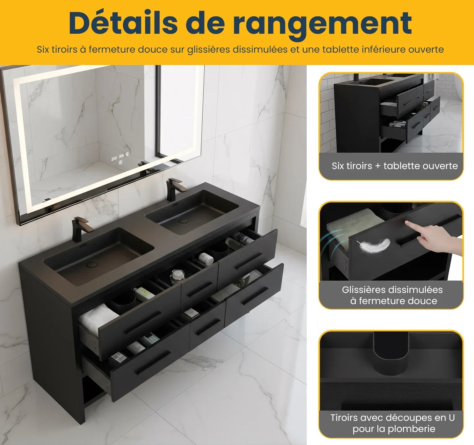 Meuble-lavabo de salle de bain autoportant en chêne brut noir de 72" avec Comptoir en quartz noir reconstitué