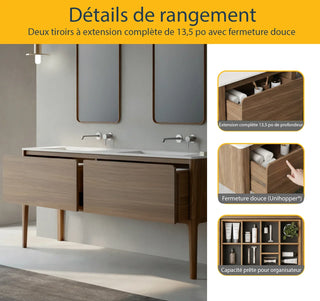 Meuble-Lavabo Mural 72po Noyer avec Comptoir de Surface solide Blanc Mat