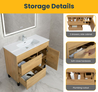 Meuble-Lavabo Autoportant 40 po Chêne Givré avec Comptoir de Céramique Blanc