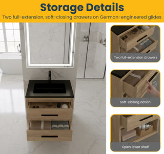 Meuble-lavabo Autoportant 24 po Chêne Brut avec Comptoir en Quartz Noir d’Ingénierie