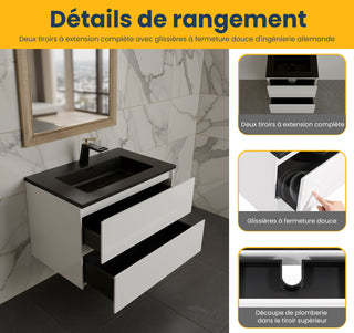 Meuble-lavabo mural blanc 24" avec Comptoir en quartz noir reconstitué