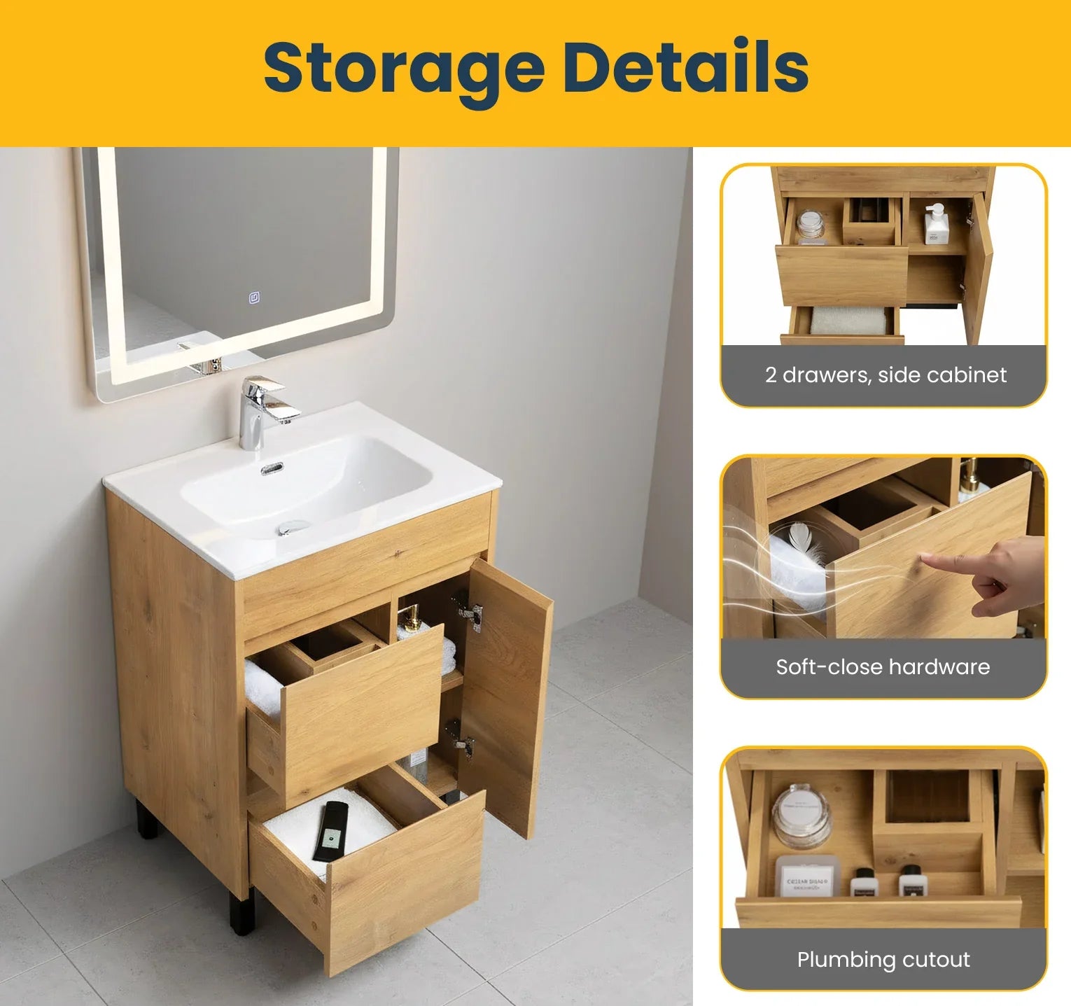 Meuble-Lavabo Autoportant 24po Chêne Givré avec Comptoir de Céramique Blanc