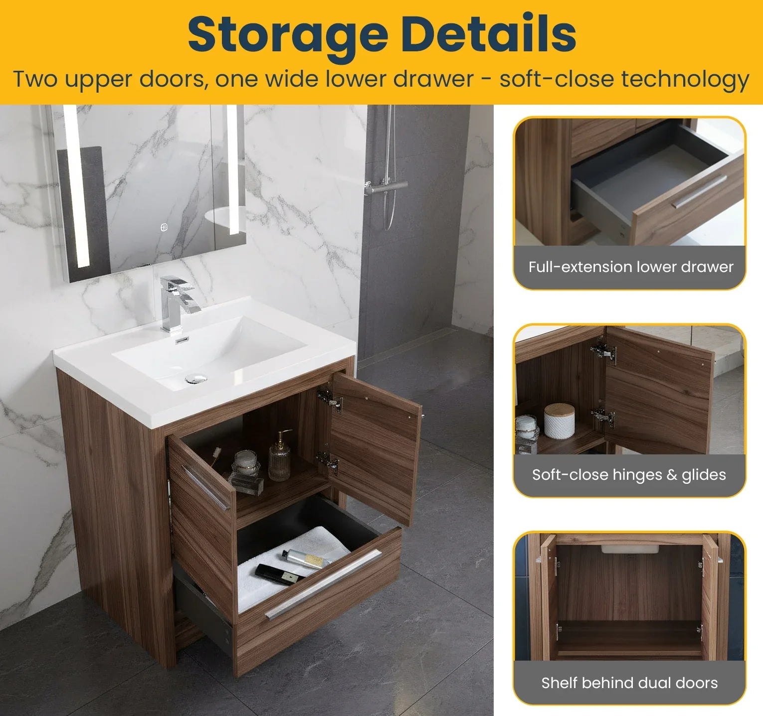 Meuble-Lavabo Autoportant 30po Noyer avec Comptoir de Polymarbre Blanc 