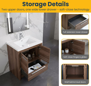 30" Walnut Freestanding Bathroom Vanity with White Polymarble Countertop