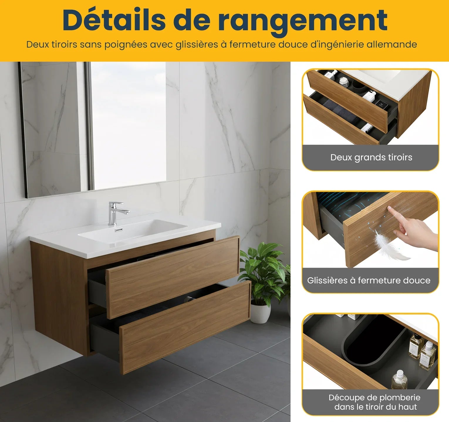 36" Honey Gold Walnut Wall Mount Bathroom Vanity with White Polymarble Countertop