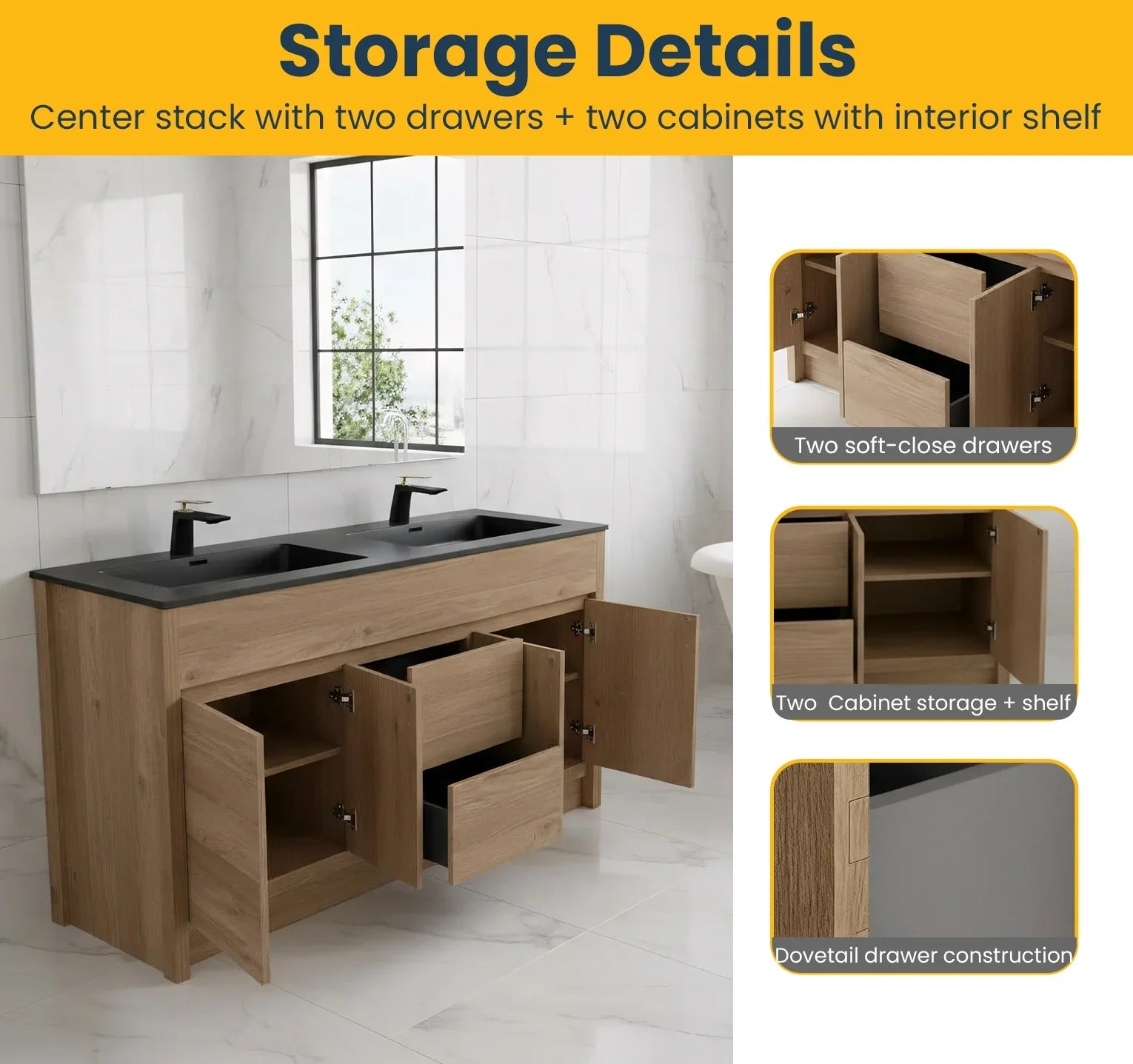 60" Rough Oak Freestanding Double Sink Bathroom Vanity with Black Engineered Quartz Countertop