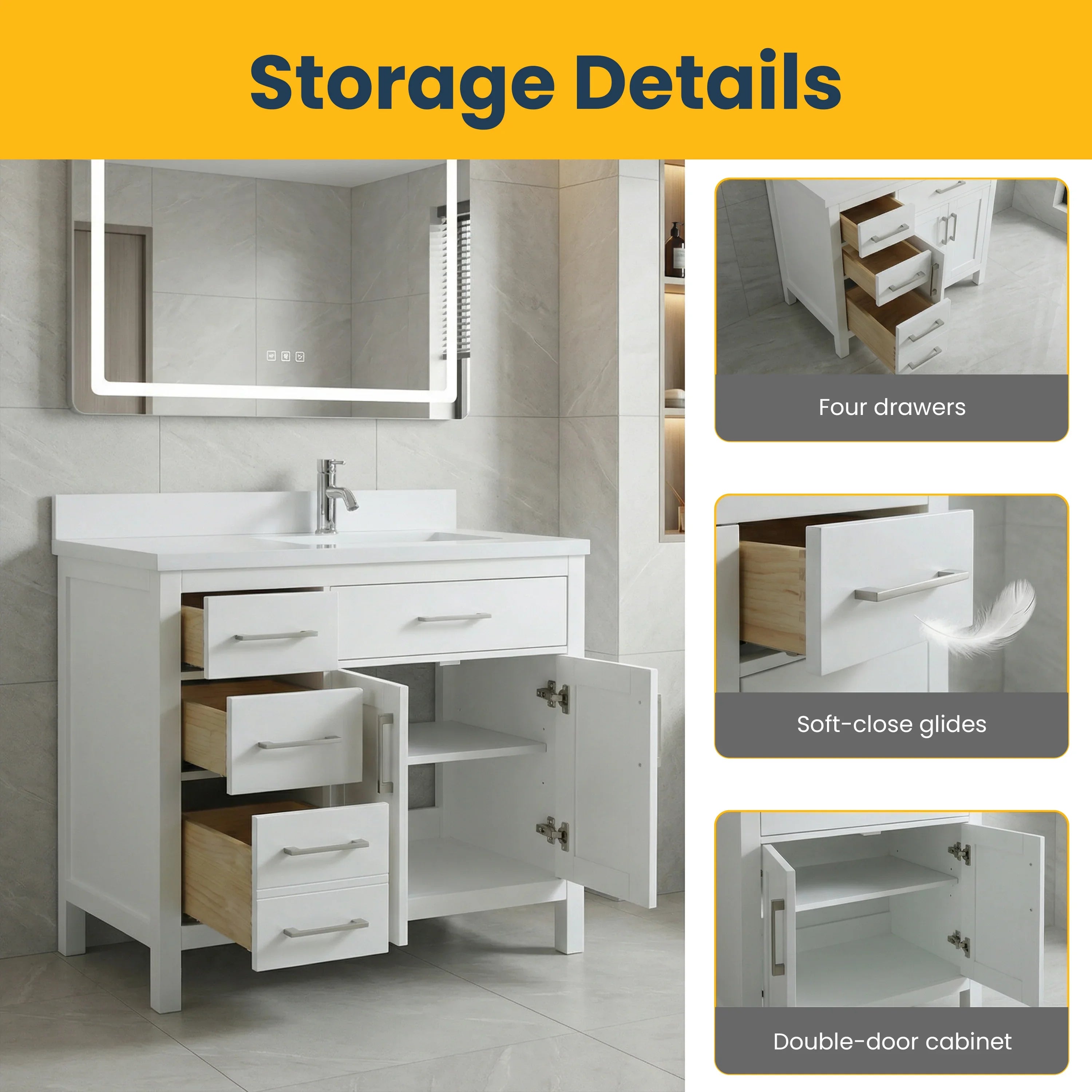 Meuble-lavabo autoportant blanc de 36 po avec comptoir en marbre blanc reconstitué