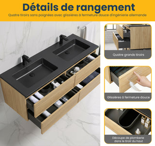 Meuble-Lavabo Mural 60po Noyer Couchant avec Comptoir de Quartz d'ingénierie Noir