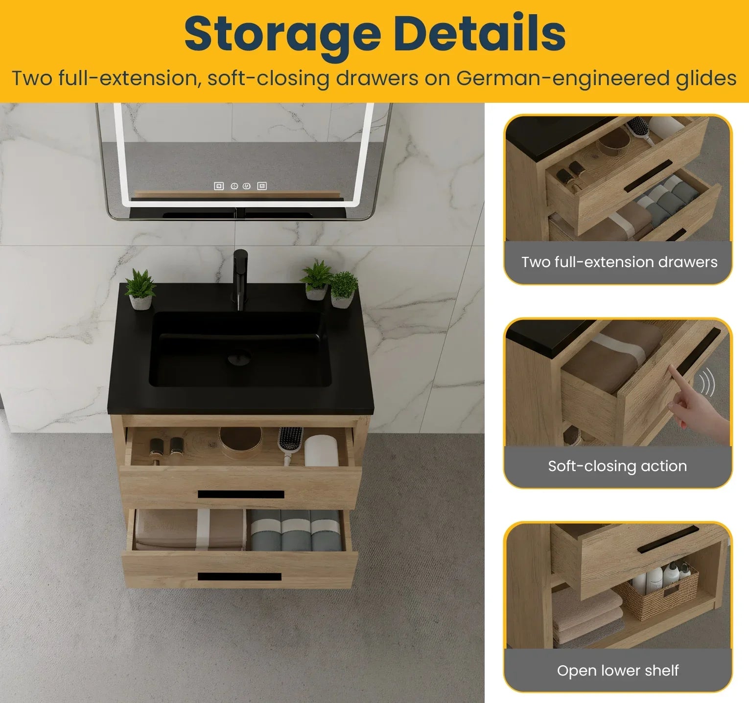 30" Rough Oak Freestanding Bathroom Vanity with Black Engineered Quartz Countertop