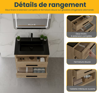 Meuble-lavabo autoportant en chêne brut de 30" avec Comptoir en quartz noir reconstitué