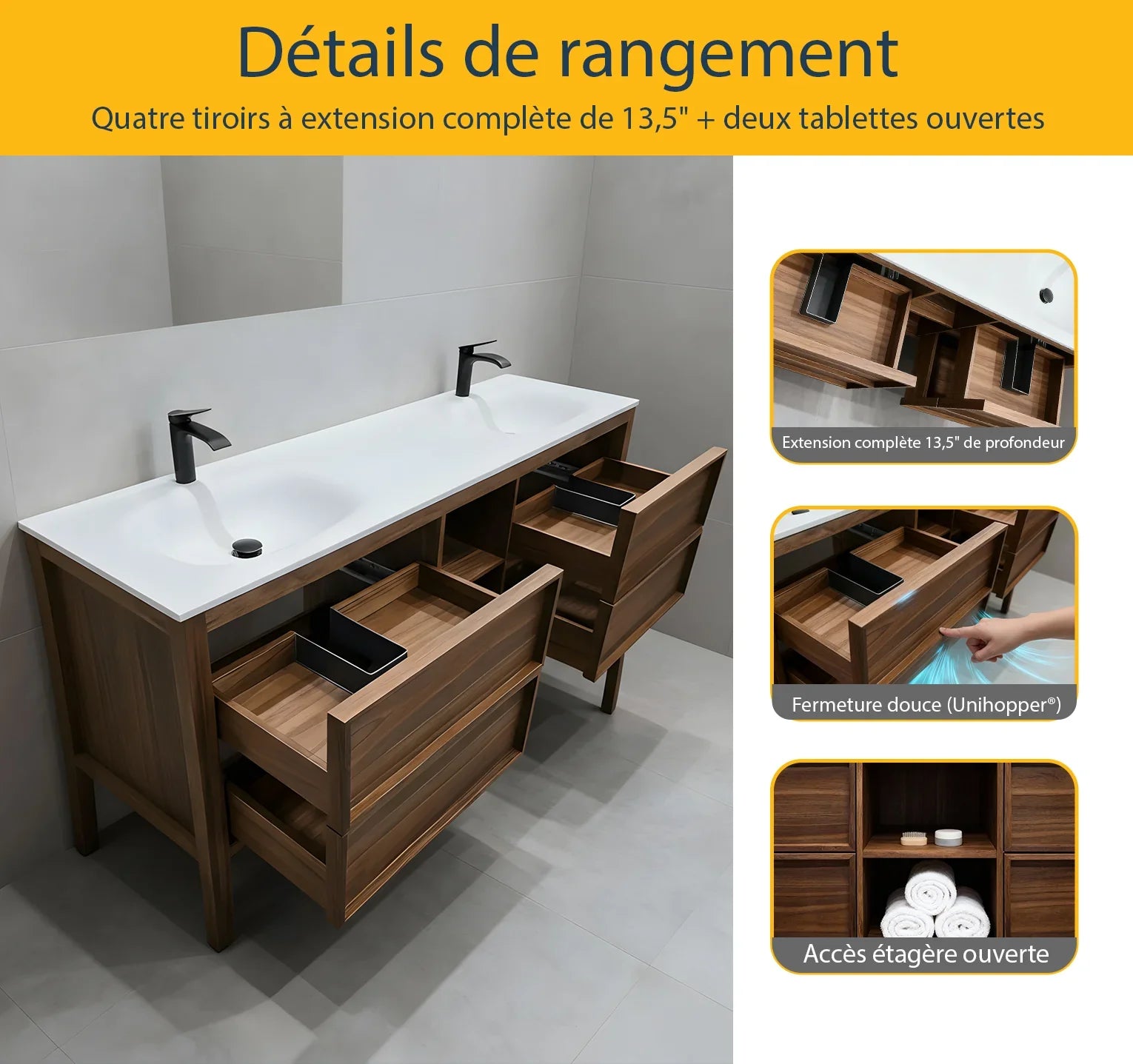 Meuble-Lavabo Autoportant 72po Noyer Naturel avec Comptoir de Surface Solide Blanc