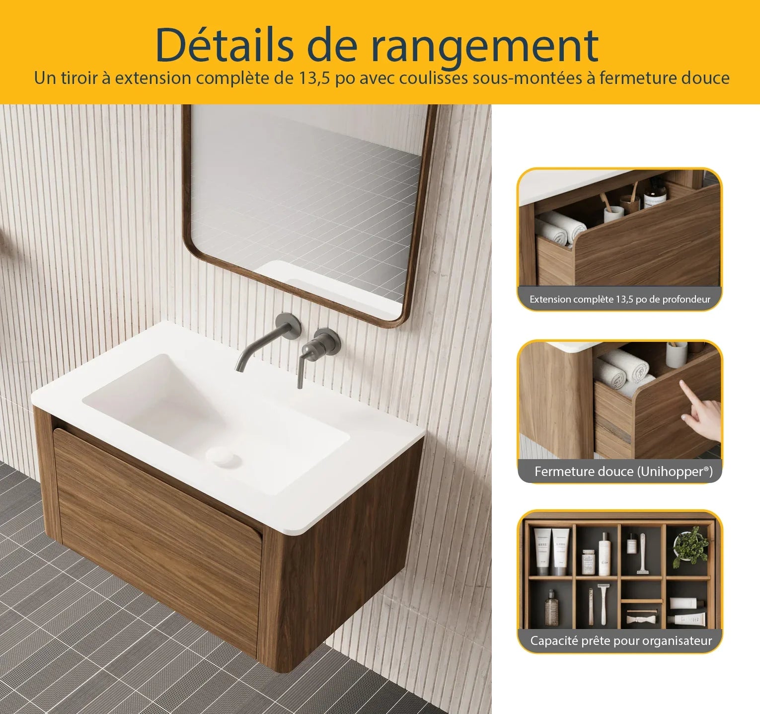 36" Walnut Wall Mount Bathroom Vanity with Matte White Solid Surface Countertop