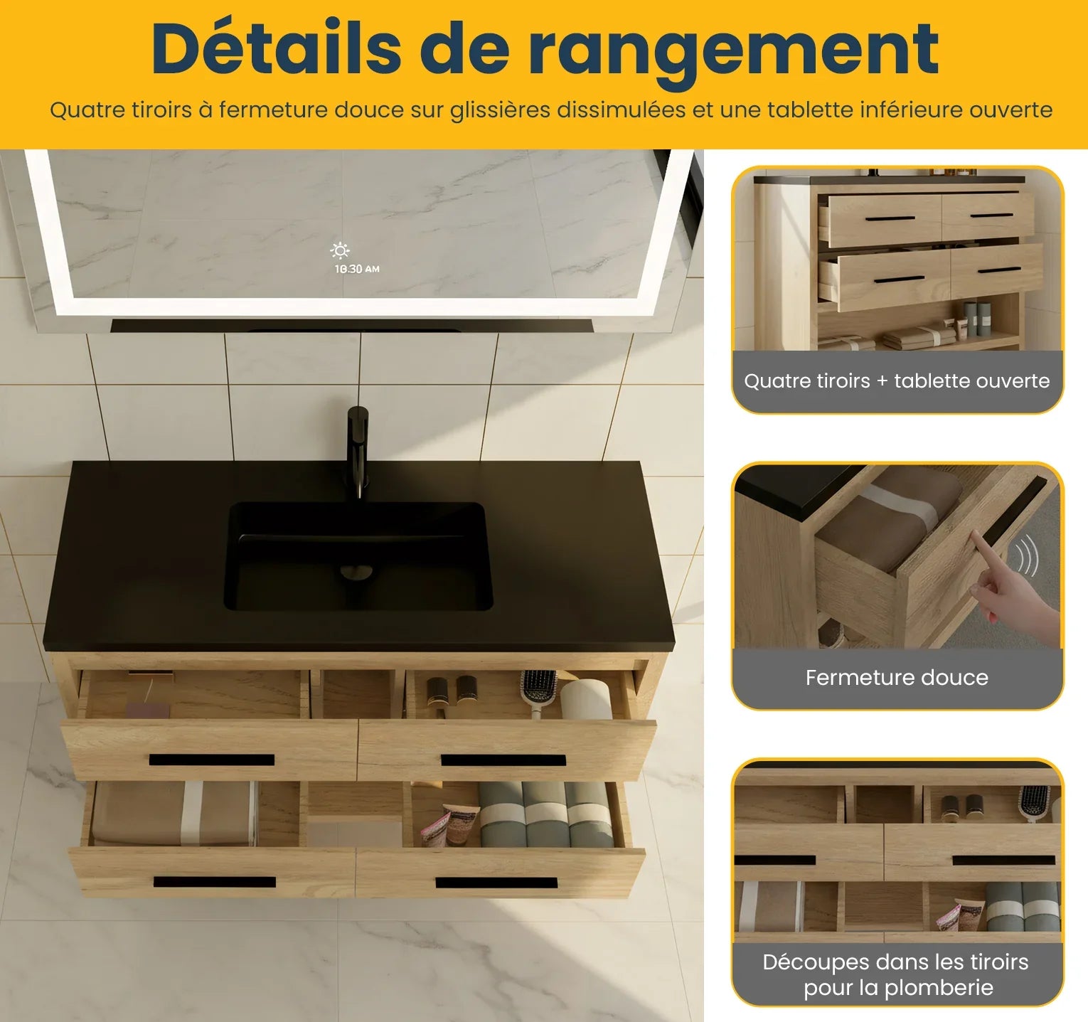 48" Rough Oak Freestanding Bathroom Vanity with Black Engineered Quartz Countertop