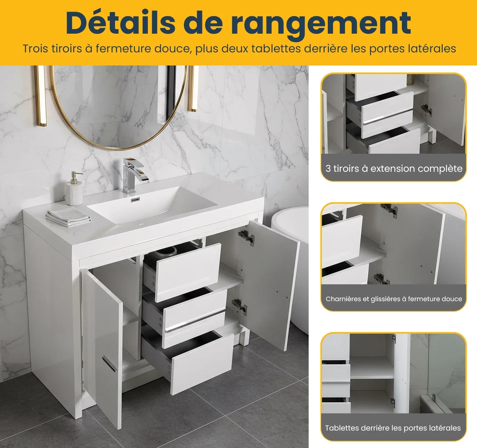 Meuble-Lavabo Autoportant 42po Blanc Brillant avec Comptoir de Polymarbre Blanc 