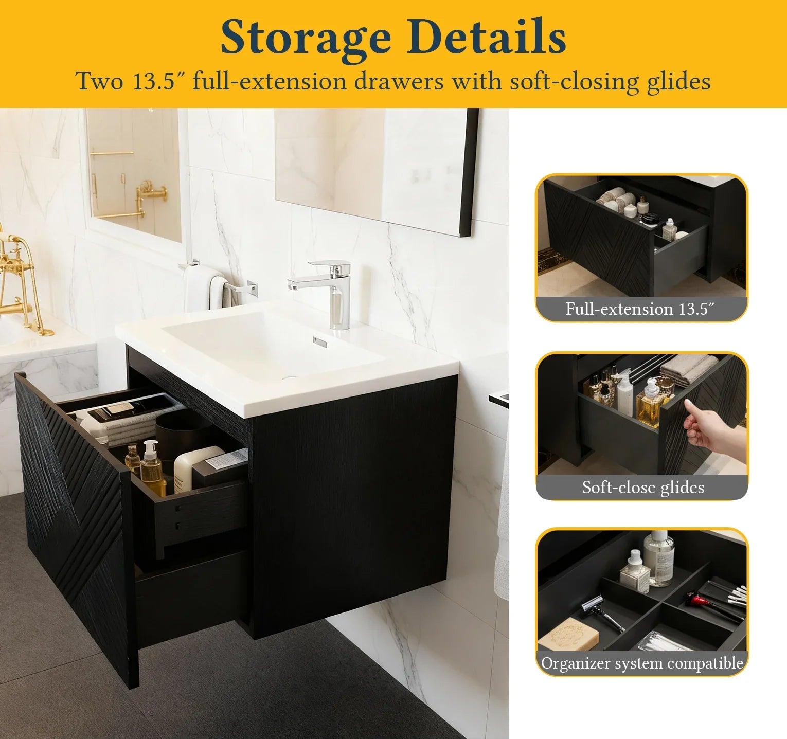 Meuble-Lavabo Mural 36po Noir avec Comptoir en Polymarbre Blanc