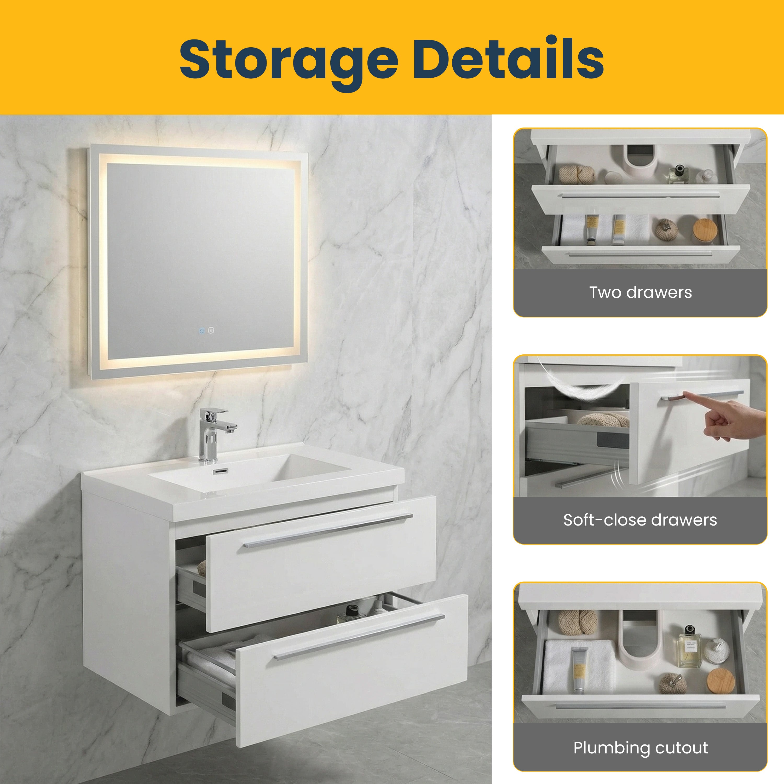 Meuble-Lavabo Mural 30po Blanc avec Comptoir de Polymarbre Blanc