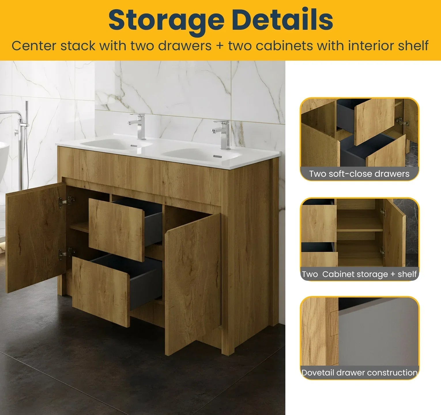 48" Frosted Oak Freestanding Double Sink Bathroom Vanity with White Ceramic Countertop