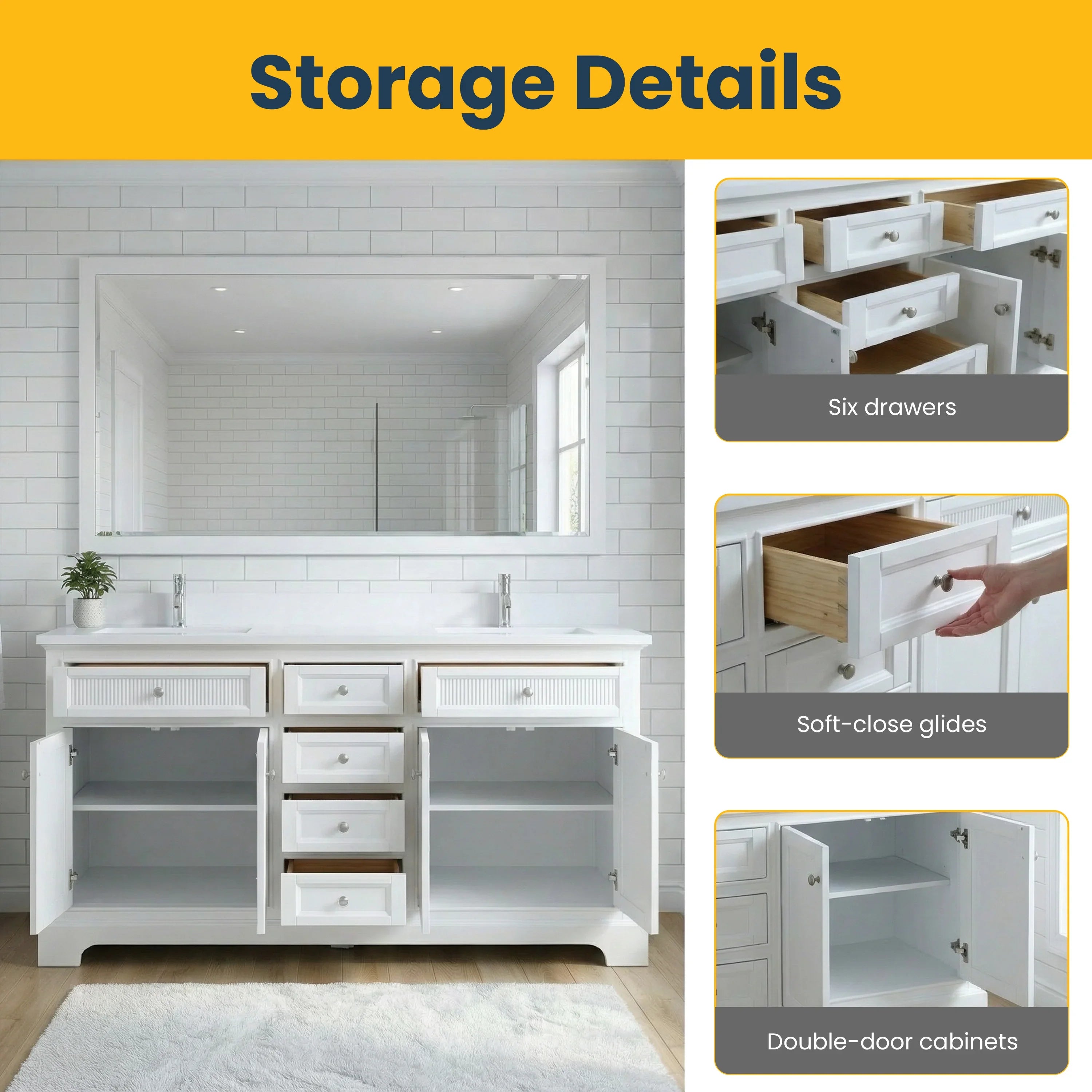 72" White Freestanding Bathroom Vanity with Engineered White Marble Countertop