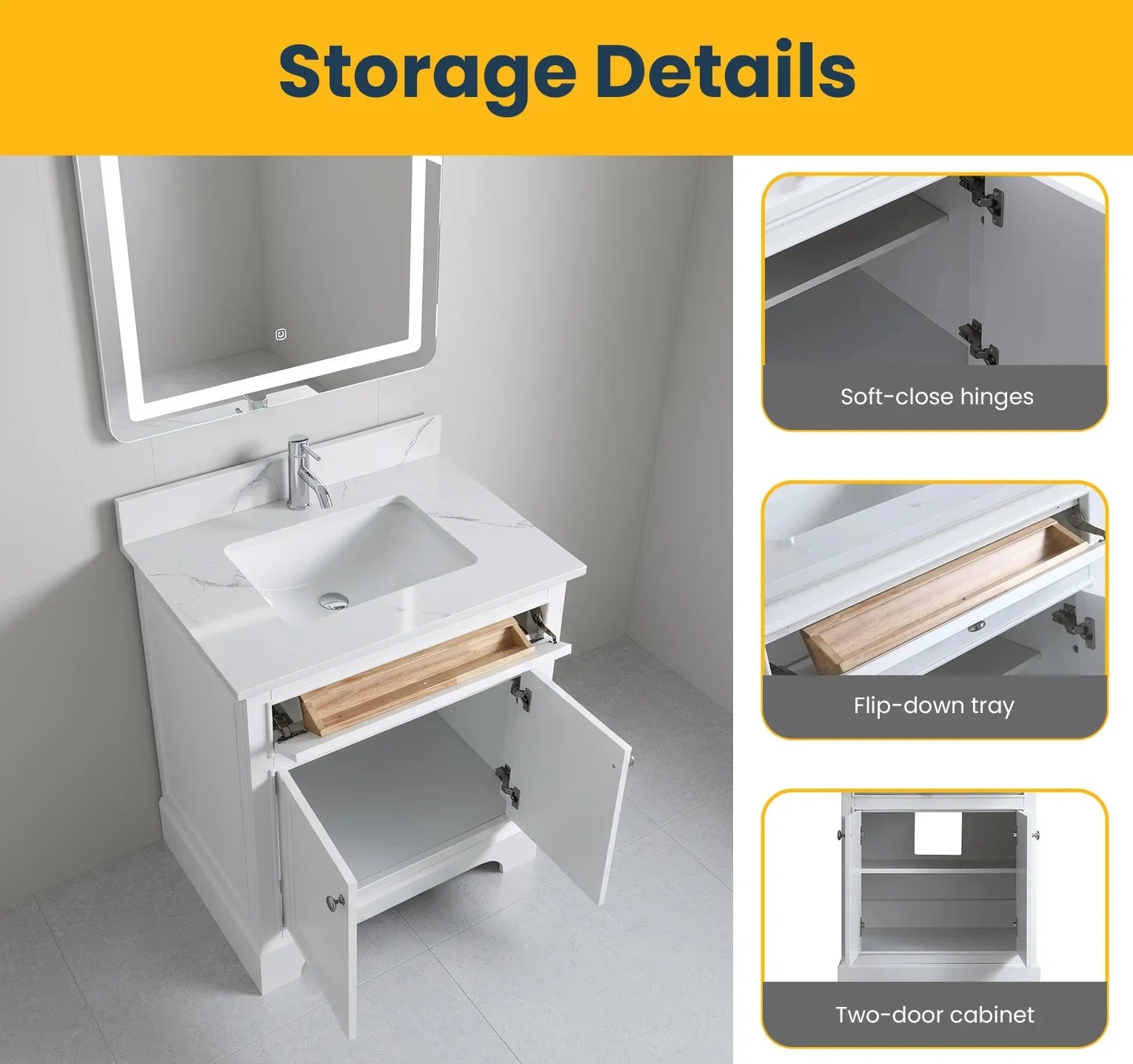 Meuble-Lavabo Autoportant 24po Blanc avec Comptoir de Marbre Ingénierie Calcutta