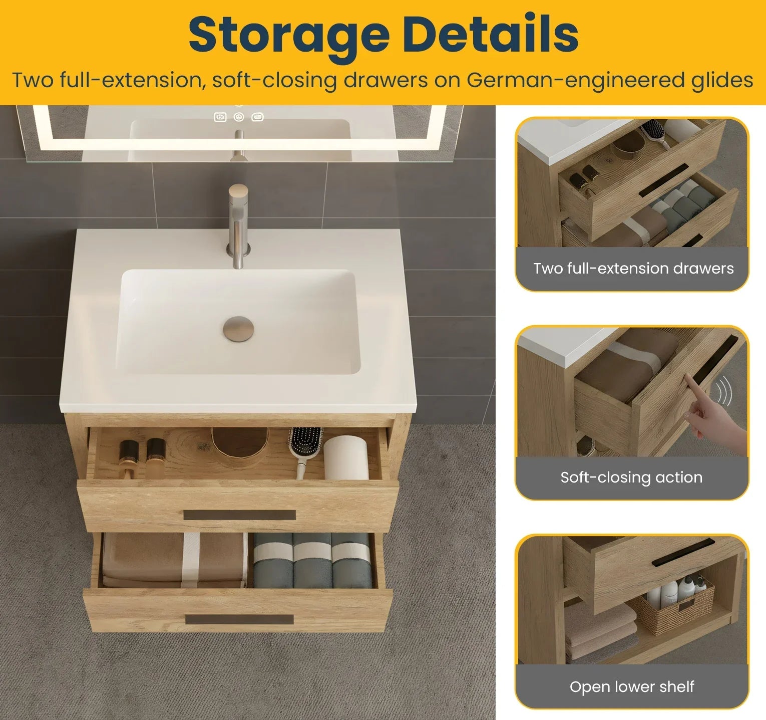 30" Rough Oak Freestanding Bathroom Vanity with White Polymarble Countertop