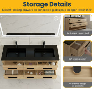 Meuble-Lavabo Autoportant 60po Chêne Brut avec Comptoir de Quartz d'ingénierie Noir