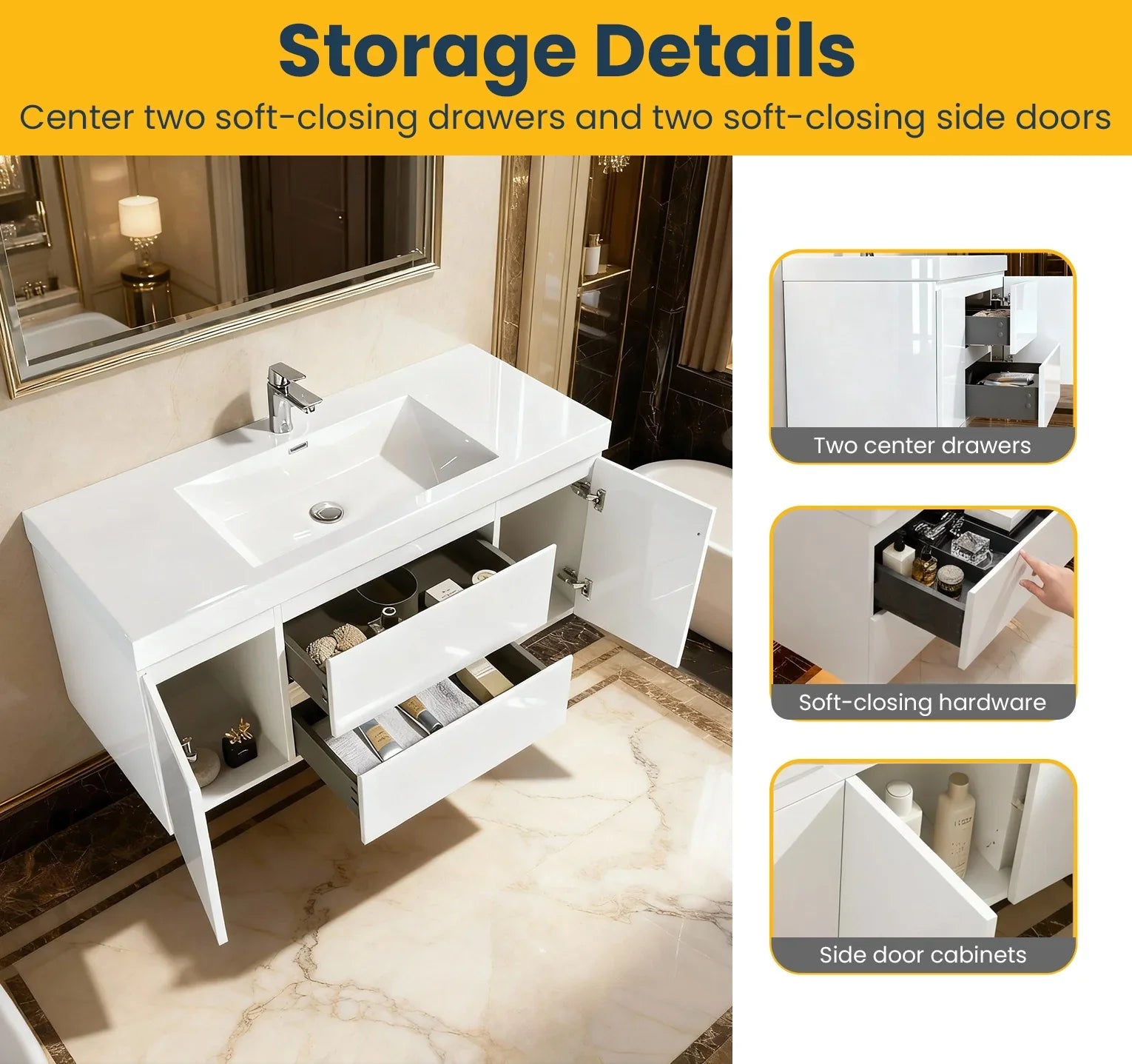 48" Glossy White Wall Mount Single Sink Bathroom Vanity with White Polymarble Countertop