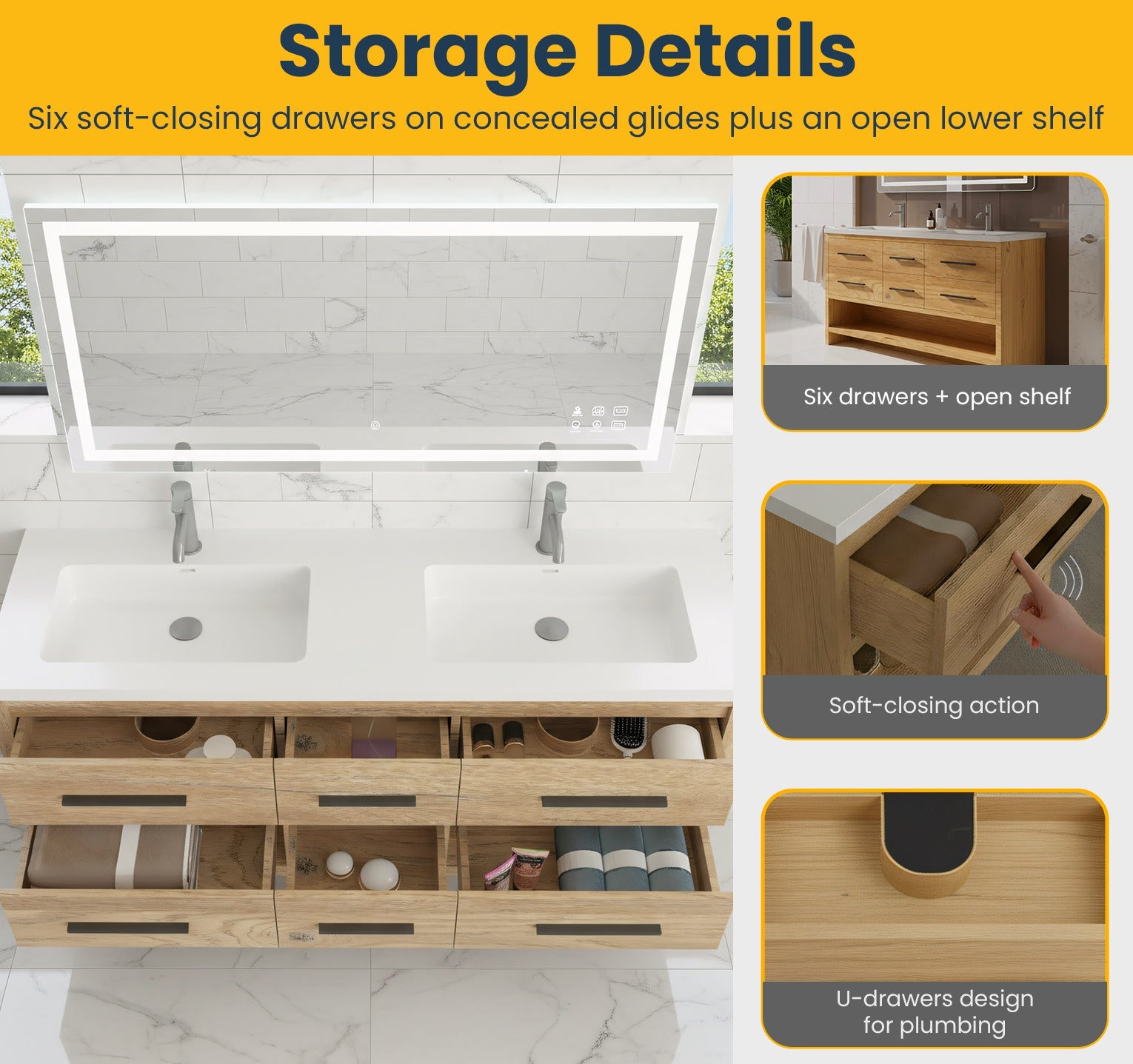 72" Rough Oak Freestanding Double Sink Bathroom Vanity with White Polymarble Countertop