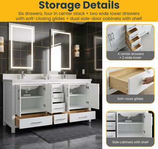 Meuble-Lavabo Autoportant 72po Blanc avec Comptoir de Quartz Blanche Neige