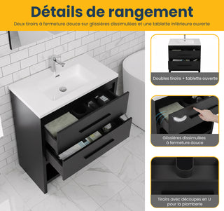 Meuble-Lavabo Autoportant 30po Chêne Noir avec Comptoir de Polymarbre Blanc