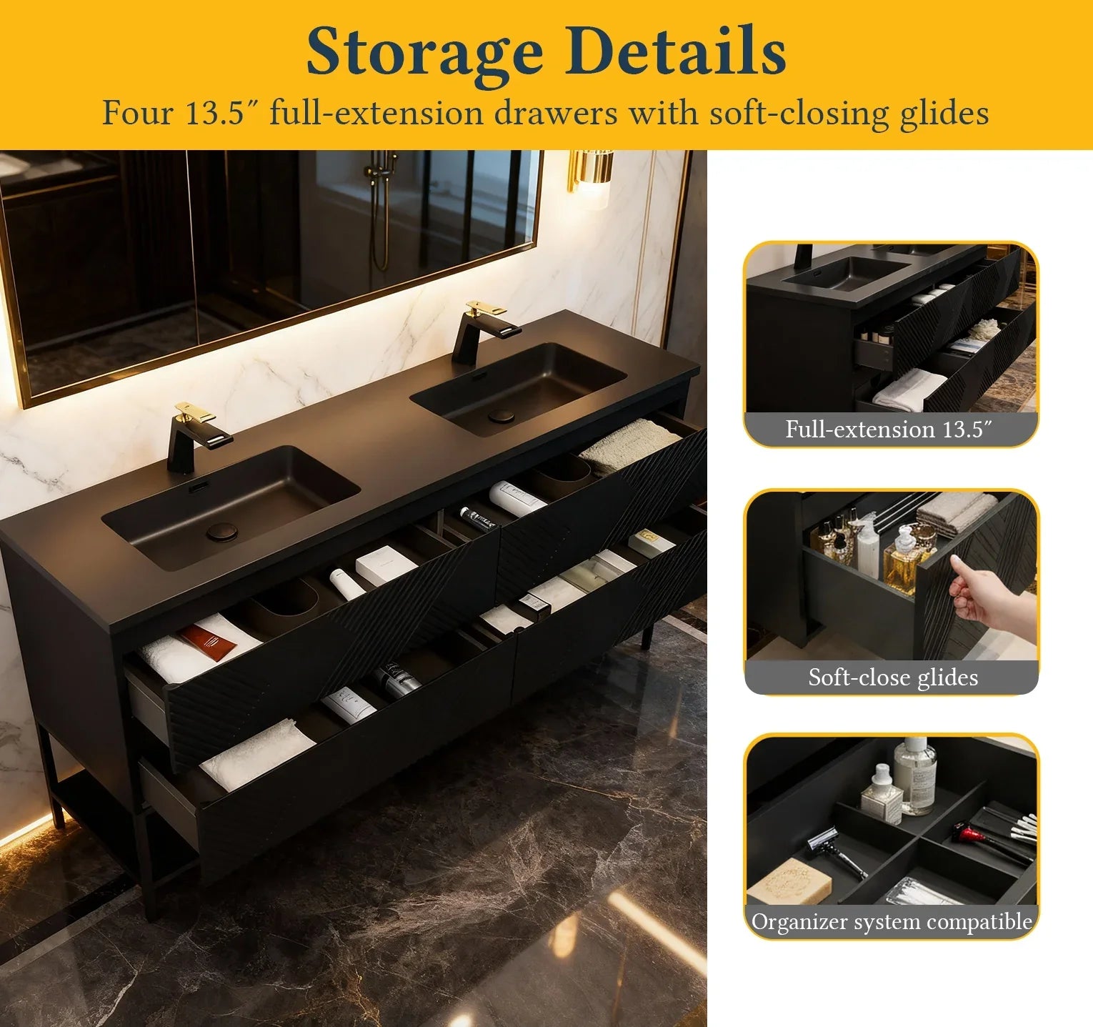 Meuble-Lavabo Double Mural 72po Noir avec Comptoir de Quartz d'ingénierie Noir