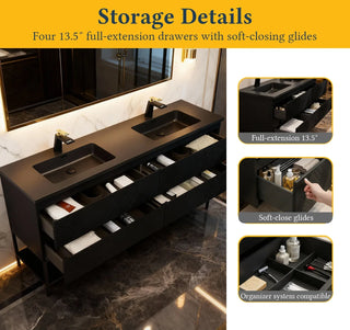 Meuble-Lavabo Double Mural 72po Noir avec Comptoir de Quartz d'ingénierie Noir