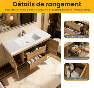 48" Rough Oak Wall Mount Single Sink Bathroom Vanity with White Polymarble Countertop