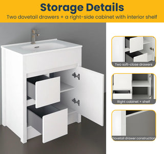 30" Matte White Freestanding Bathroom Vanity with White Ceramic Countertop