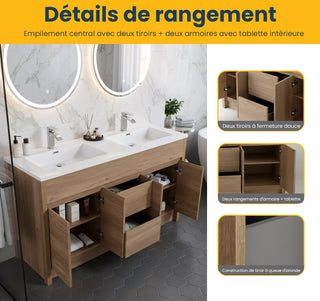 60" Rough Oak Freestanding Double Sink Bathroom Vanity with White Polymarble Countertop