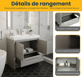 Meuble-Lavabo Autoportant 36po Ciment avec Comptoir de Polymarbre Blanc 