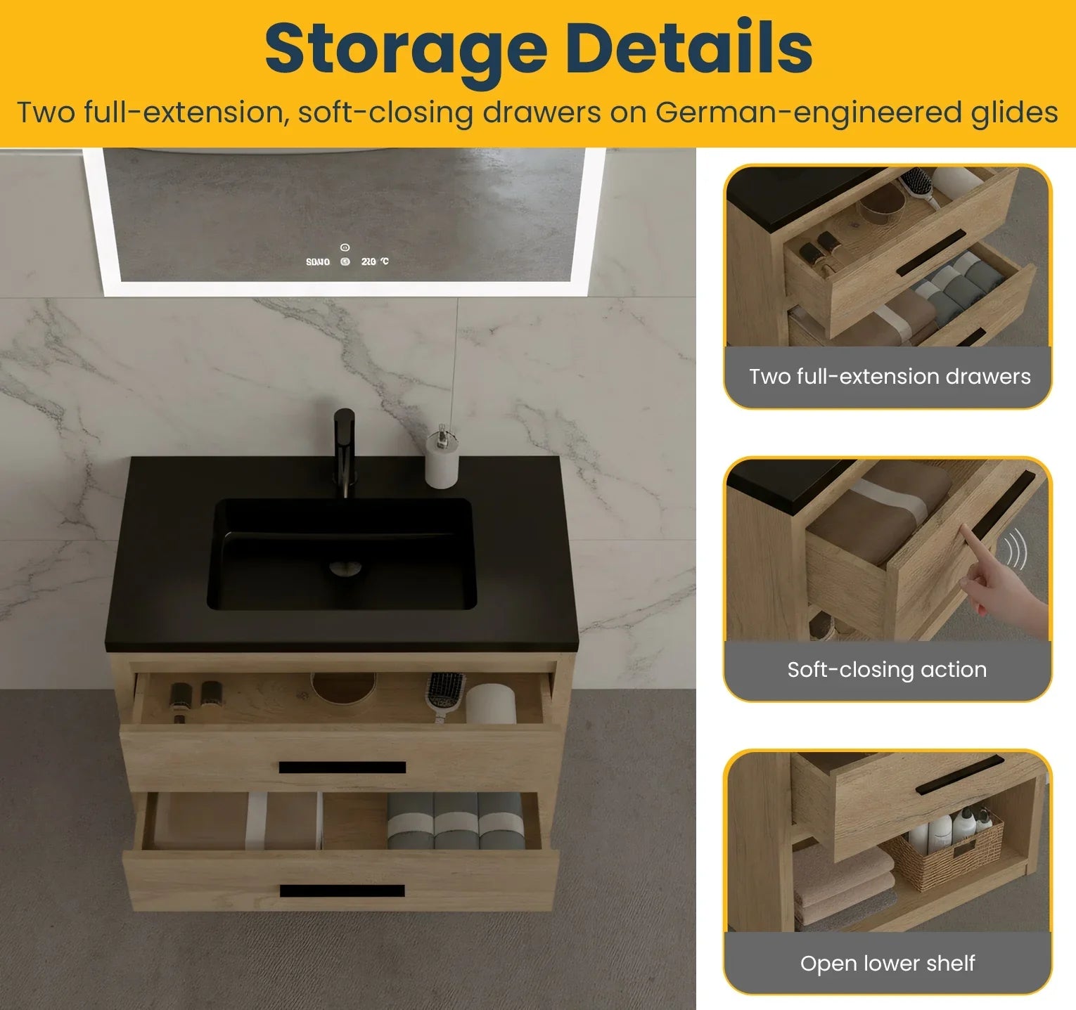 36" Rough Oak Freestanding Bathroom Vanity with Black Engineered Quartz Countertop