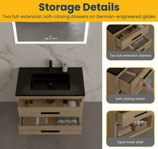 Meuble-lavabo autoportant en chêne brut 36" avec Comptoir en quartz noir reconstitué